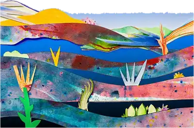 Layered paper-collage landscape of rolling painted hills, water and cut-paper plants